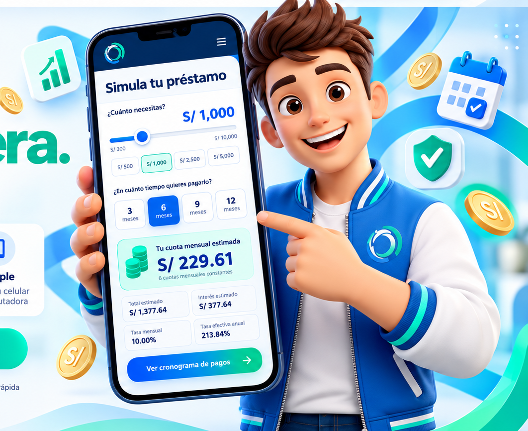 Personaje de NOMINCORP sosteniendo un teléfono con el simulador de préstamos